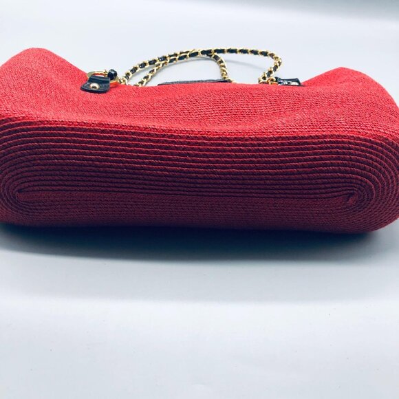 straw red handbag chain handle clasp lock zipper 5 pockets 2 handle 15x9x4" READ - Picture 7 of 11